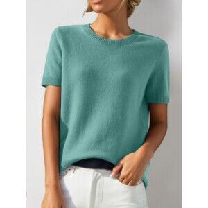 Lands' End Teal Sweater Women Medium Petite Short Sleeve Coastal Classic Knit